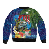 Fiji Iguana-Coat of Arms Bomber Jacket with Hibiscus and Plumeria Palm Tree Tapa Art