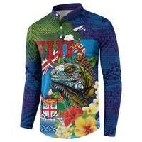 Fiji Iguana-Coat of Arms Button Sweatshirt with Hibiscus and Plumeria Palm Tree Tapa Art