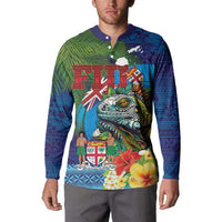 Fiji Iguana-Coat of Arms Button Sweatshirt with Hibiscus and Plumeria Palm Tree Tapa Art