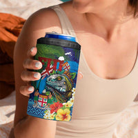 Fiji Iguana-Coat of Arms 4 in 1 Can Cooler Tumbler with Hibiscus and Plumeria Palm Tree Tapa Art