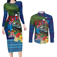 Fiji Iguana-Coat of Arms Couples Matching Long Sleeve Bodycon Dress and Long Sleeve Button Shirt with Hibiscus and Plumeria Palm Tree Tapa Art