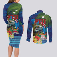 Fiji Iguana-Coat of Arms Couples Matching Long Sleeve Bodycon Dress and Long Sleeve Button Shirt with Hibiscus and Plumeria Palm Tree Tapa Art