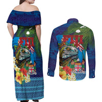 Fiji Iguana-Coat of Arms Couples Matching Off Shoulder Maxi Dress and Long Sleeve Button Shirt with Hibiscus and Plumeria Palm Tree Tapa Art