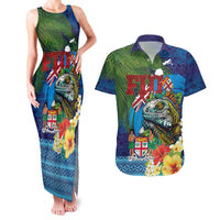 Fiji Iguana-Coat of Arms Couples Matching Tank Maxi Dress and Hawaiian Shirt with Hibiscus and Plumeria Palm Tree Tapa Art