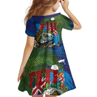 Fiji Iguana-Coat of Arms Family Matching Long Sleeve Bodycon Dress and Hawaiian Shirt with Hibiscus and Plumeria Palm Tree Tapa Art