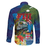 Fiji Iguana-Coat of Arms Family Matching Long Sleeve Bodycon Dress and Hawaiian Shirt with Hibiscus and Plumeria Palm Tree Tapa Art