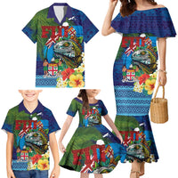 Fiji Iguana-Coat of Arms Family Matching Mermaid Dress and Hawaiian Shirt with Hibiscus and Plumeria Palm Tree Tapa Art