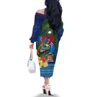 Fiji Iguana-Coat of Arms Family Matching Off The Shoulder Long Sleeve Dress and Hawaiian Shirt with Hibiscus and Plumeria Palm Tree Tapa Art