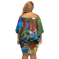 Fiji Iguana-Coat of Arms Family Matching Off Shoulder Short Dress and Hawaiian Shirt with Hibiscus and Plumeria Palm Tree Tapa Art