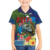 Fiji Iguana-Coat of Arms Family Matching Puletasi and Hawaiian Shirt with Hibiscus and Plumeria Palm Tree Tapa Art