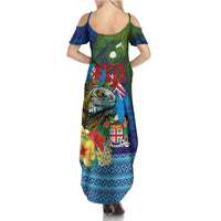 Fiji Iguana-Coat of Arms Family Matching Summer Maxi Dress and Hawaiian Shirt with Hibiscus and Plumeria Palm Tree Tapa Art