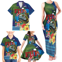 Fiji Iguana-Coat of Arms Family Matching Tank Maxi Dress and Hawaiian Shirt with Hibiscus and Plumeria Palm Tree Tapa Art