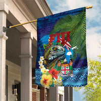 Fiji Iguana-Coat of Arms Garden Flag with Hibiscus and Plumeria Palm Tree Tapa Art
