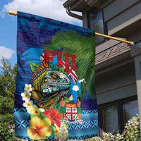 Fiji Iguana-Coat of Arms Garden Flag with Hibiscus and Plumeria Palm Tree Tapa Art