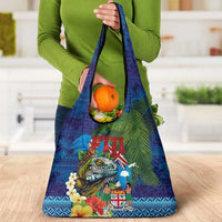 Fiji Iguana-Coat of Arms Grocery Bag with Hibiscus and Plumeria Palm Tree Tapa Art