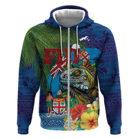 Fiji Iguana-Coat of Arms Hoodie with Hibiscus and Plumeria Palm Tree Tapa Art
