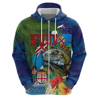 Fiji Iguana-Coat of Arms Hoodie with Hibiscus and Plumeria Palm Tree Tapa Art