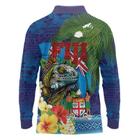 Fiji Iguana-Coat of Arms Long Sleeve Polo Shirt with Hibiscus and Plumeria Palm Tree Tapa Art