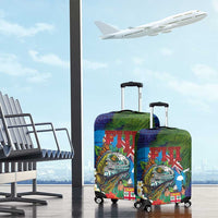 Fiji Iguana-Coat of Arms Luggage Cover with Hibiscus and Plumeria Palm Tree Tapa Art
