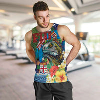 Fiji Iguana-Coat of Arms Men Tank Top with Hibiscus and Plumeria Palm Tree Tapa Art