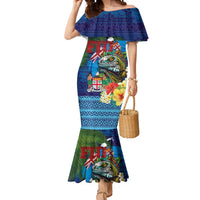 Fiji Iguana-Coat of Arms Mermaid Dress with Hibiscus and Plumeria Palm Tree Tapa Art