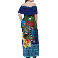Fiji Iguana-Coat of Arms Off Shoulder Maxi Dress with Hibiscus and Plumeria Palm Tree Tapa Art