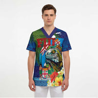 Fiji Iguana-Coat of Arms Scrub Top with Hibiscus and Plumeria Palm Tree Tapa Art - Polynesian Pride
