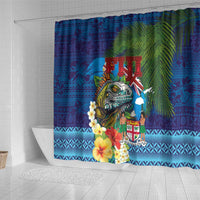 Fiji Iguana-Coat of Arms Shower Curtain with Hibiscus and Plumeria Palm Tree Tapa Art