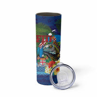 Fiji Iguana-Coat of Arms Skinny Tumbler with Hibiscus and Plumeria Palm Tree Tapa Art