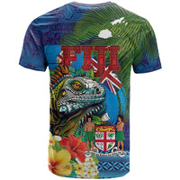Fiji Iguana-Coat of Arms T Shirt with Hibiscus and Plumeria Palm Tree Tapa Art