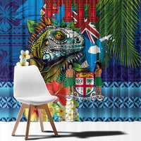 Fiji Iguana-Coat of Arms Window Curtain with Hibiscus and Plumeria Palm Tree Tapa Art