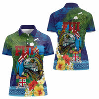 Fiji Iguana-Coat of Arms Women Polo Shirt with Hibiscus and Plumeria Palm Tree Tapa Art