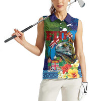 Fiji Iguana-Coat of Arms Women Sleeveless Polo Shirt with Hibiscus and Plumeria Palm Tree Tapa Art