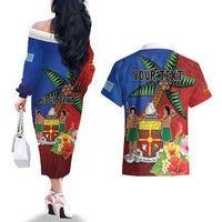 Personalised Fiji and Rotuma Together Couples Matching Off The Shoulder Long Sleeve Dress and Hawaiian Shirt Fjian Masi and Pacific Pattern Mix Culture