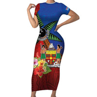 Personalised Fiji and Rotuma Together Family Matching Short Sleeve Bodycon Dress and Hawaiian Shirt Fjian Masi and Pacific Pattern Mix Culture