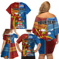 Personalised Fiji and Rotuma Together Family Matching Off Shoulder Short Dress and Hawaiian Shirt Tapa and Pacific Art Pattern with Cultural Emblems Half Style