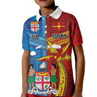 Personalised Fiji and Rotuma Together Kid Polo Shirt Tapa and Pacific Art Pattern with Cultural Emblems Half Style