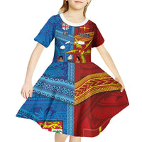 Personalised Fiji and Rotuma Together Kid Short Sleeve Dress Tapa and Pacific Art Pattern with Cultural Emblems Half Style
