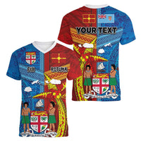 Personalised Fiji and Rotuma Together Women V-Neck T-Shirt Tapa and Pacific Art Pattern with Cultural Emblems Half Style