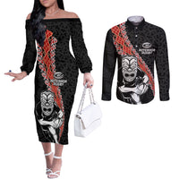 New Zealand Maori Warrior Rugby Couples Matching Off The Shoulder Long Sleeve Dress and Long Sleeve Button Shirt Maori and Silver Fern Half Style