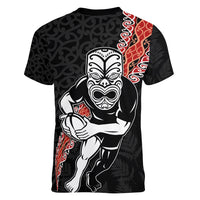 New Zealand Maori Warrior Rugby Women V-Neck T-Shirt Maori and Silver Fern Half Style