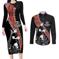 New Zealand Maori Rugby Player Couples Matching Long Sleeve Bodycon Dress and Long Sleeve Button Shirt Maori and Silver Fern Half Style