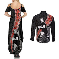 New Zealand Maori Rugby Player Couples Matching Summer Maxi Dress and Long Sleeve Button Shirt Maori and Silver Fern Half Style