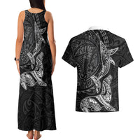 Hawaiian Monk Seal and Whale Couples Matching Tank Maxi Dress and Hawaiian Shirt Kakau Tribal Pattern Grayscale