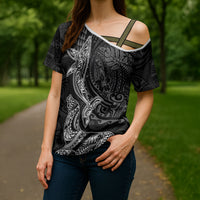 Hawaiian Monk Seal and Whale Cross Shoulder Shirt Kakau Tribal Pattern Grayscale LT03 - Polynesian Pride