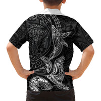 Hawaiian Monk Seal and Whale Family Matching Long Sleeve Bodycon Dress and Hawaiian Shirt Kakau Tribal Pattern Grayscale