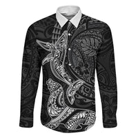 Hawaiian Monk Seal and Whale Family Matching Long Sleeve Bodycon Dress and Hawaiian Shirt Kakau Tribal Pattern Grayscale