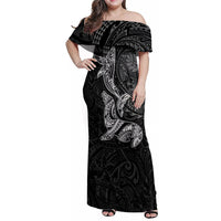 Hawaiian Monk Seal and Whale Family Matching Off Shoulder Maxi Dress and Hawaiian Shirt Kakau Tribal Pattern Grayscale