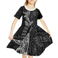 Hawaiian Monk Seal and Whale Kid Short Sleeve Dress Kakau Tribal Pattern Grayscale LT03 - Polynesian Pride