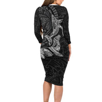 Hawaiian Monk Seal and Whale Long Sleeve Bodycon Dress Kakau Tribal Pattern Grayscale LT03 - Polynesian Pride